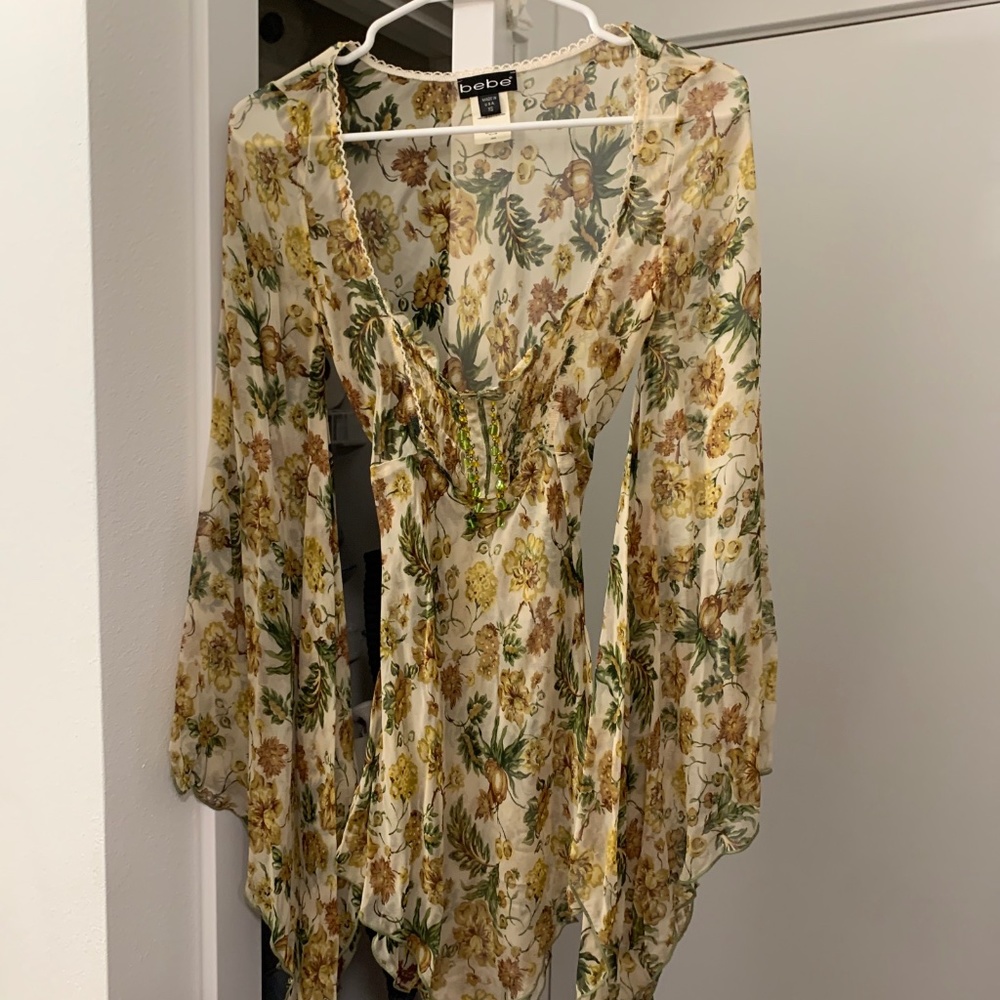 bebe Sheer Floral Peasant Blouse in Cream, Yellow & Green